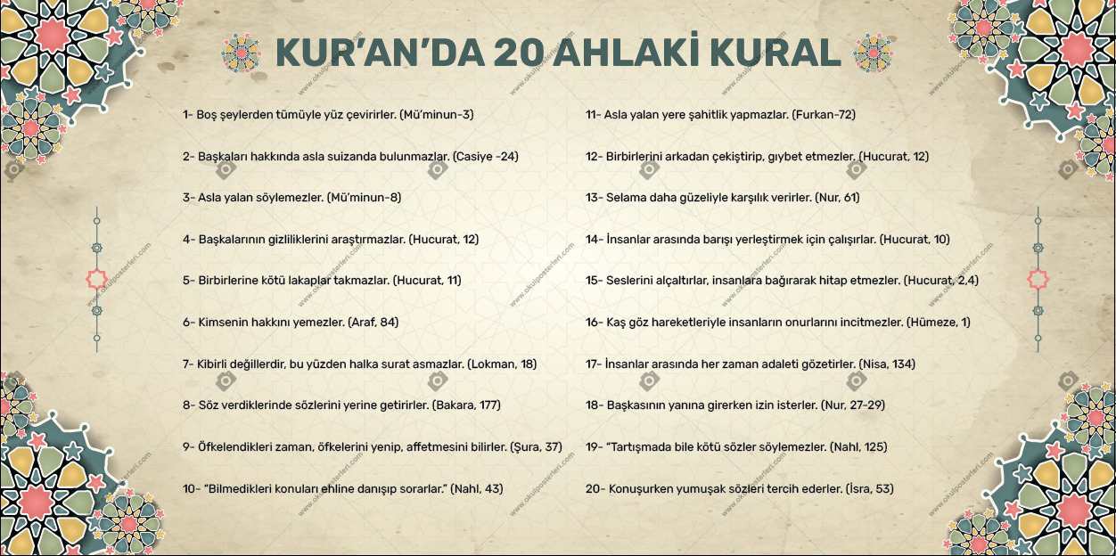 Kur’an’da 20 Ahlaki Kural Okul Posteri